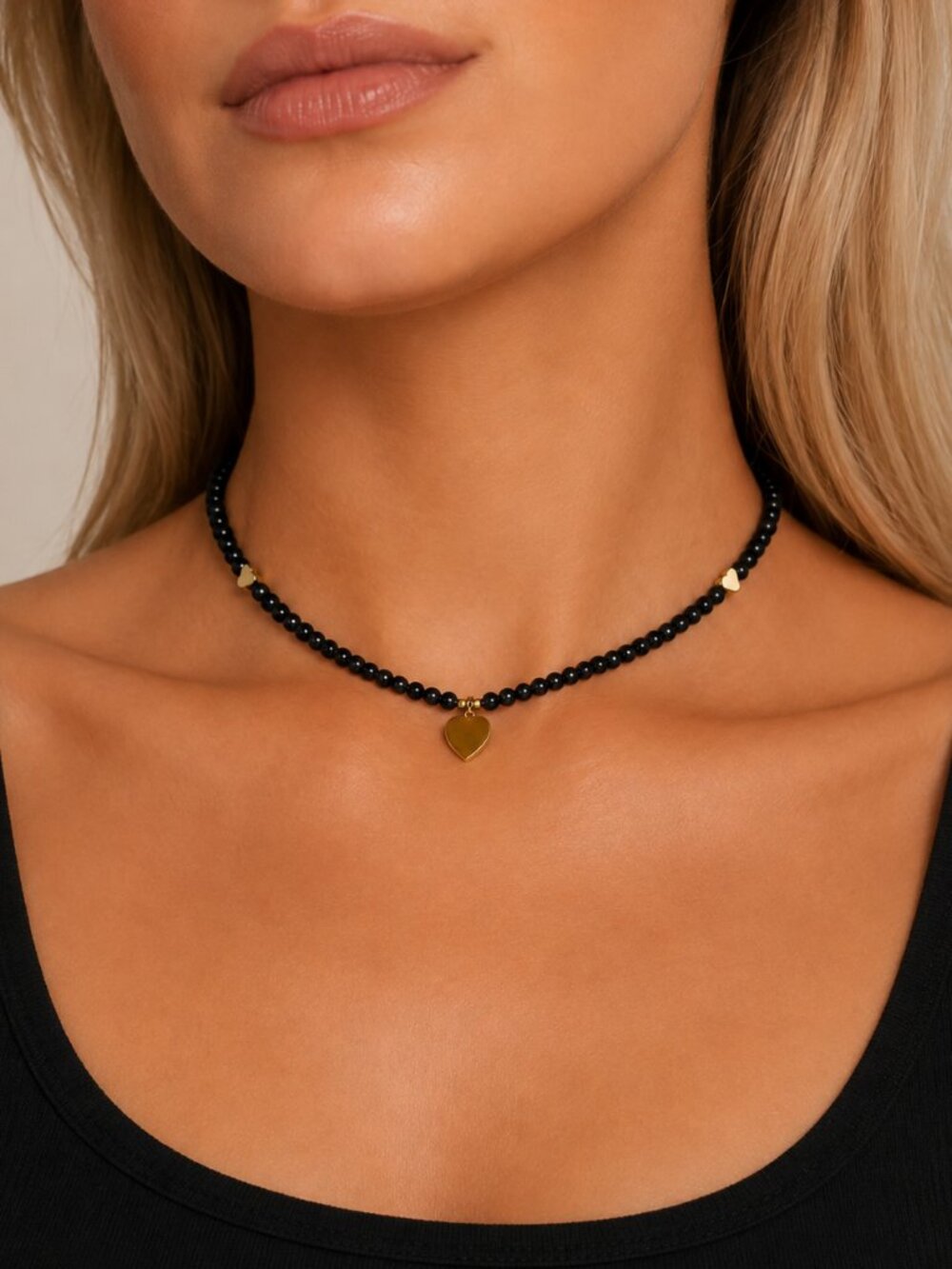 ✨ Black Beaded Gold-Plated Heart Choker Necklace Adjustable